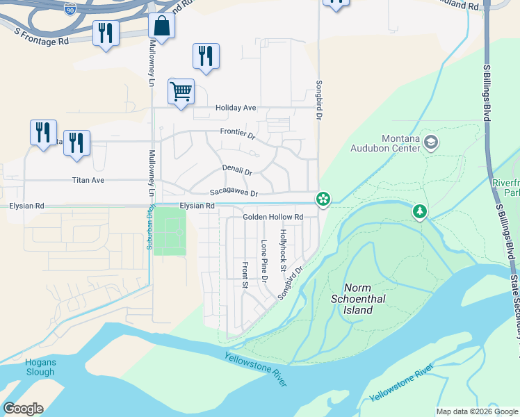 map of restaurants, bars, coffee shops, grocery stores, and more near 5308 Sacagawea Drive in Billings