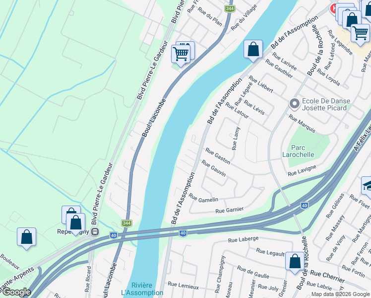 map of restaurants, bars, coffee shops, grocery stores, and more near 22 Rue Marcel in Repentigny
