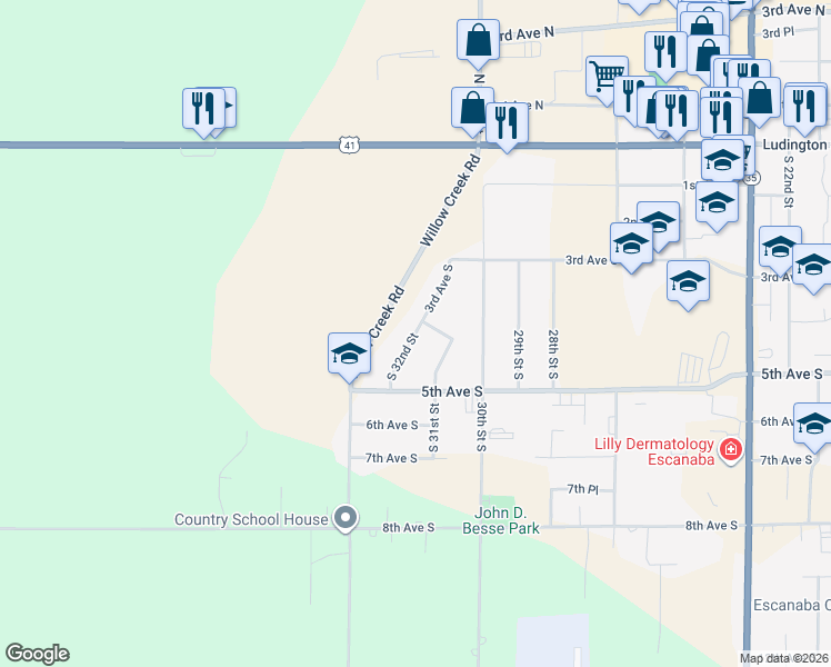 map of restaurants, bars, coffee shops, grocery stores, and more near South 32nd Street in Escanaba