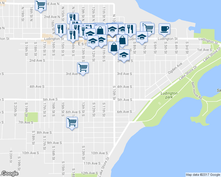map of restaurants, bars, coffee shops, grocery stores, and more near 1005 4th Avenue South in Escanaba