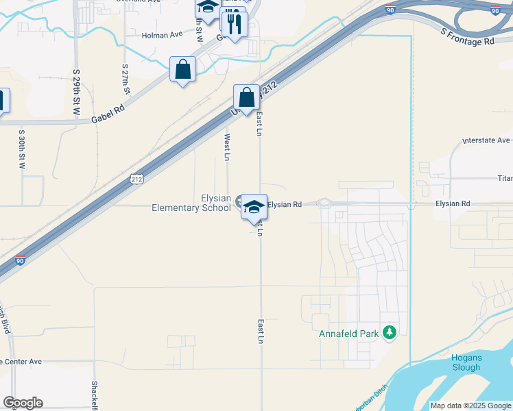 map of restaurants, bars, coffee shops, grocery stores, and more near 6416 Elysian Road in Billings