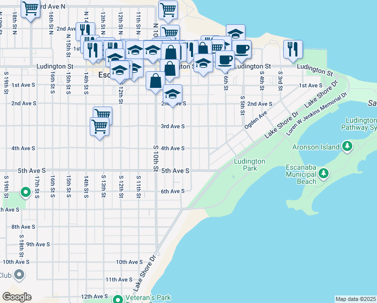 map of restaurants, bars, coffee shops, grocery stores, and more near 401-499 S 8th St in Escanaba