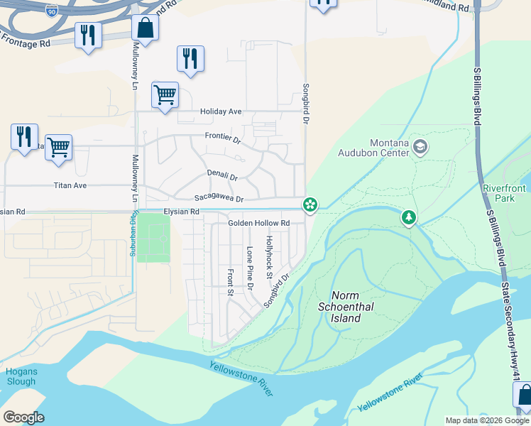 map of restaurants, bars, coffee shops, grocery stores, and more near 5308 Sacagawea Drive in Billings