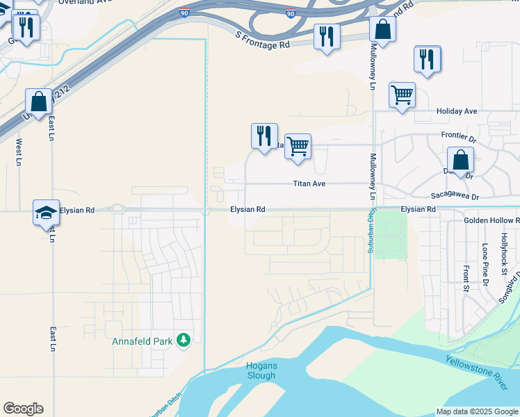 map of restaurants, bars, coffee shops, grocery stores, and more near 5855 Elysian Road in Billings