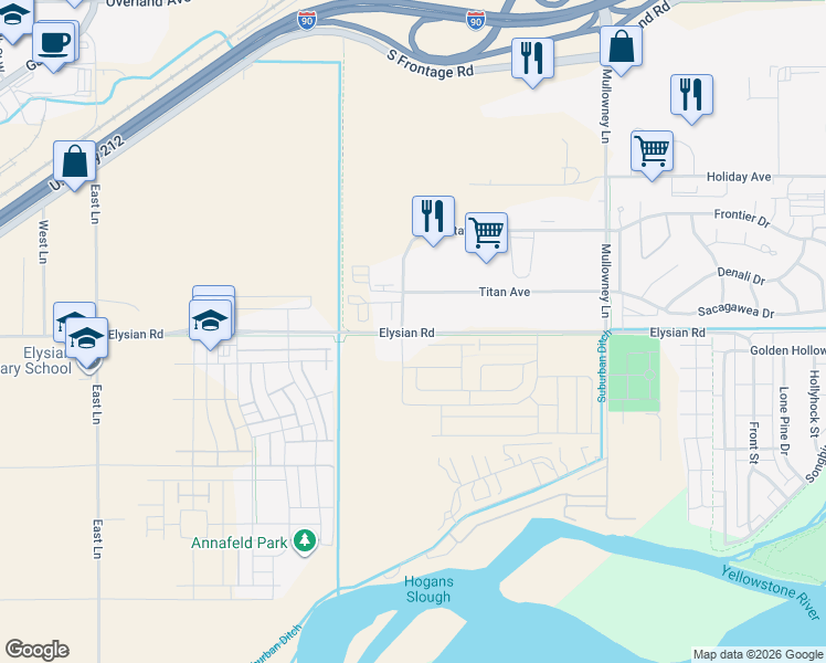 map of restaurants, bars, coffee shops, grocery stores, and more near 5900 Elysian Road in Billings