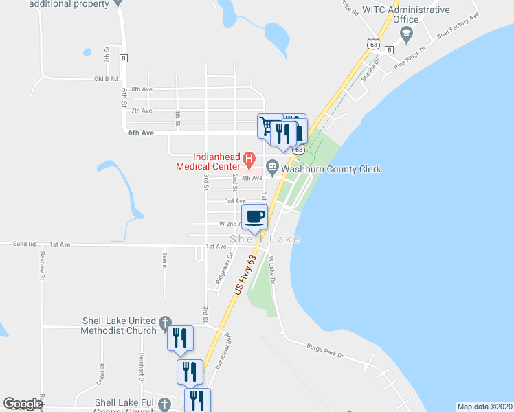 map of restaurants, bars, coffee shops, grocery stores, and more near 106 3rd Avenue in Shell Lake