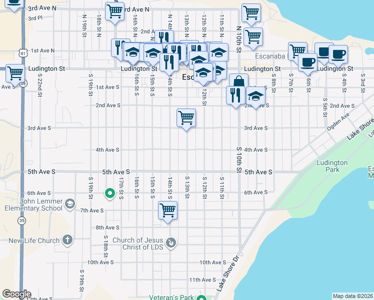 map of restaurants, bars, coffee shops, grocery stores, and more near 1300 4th Avenue South in Escanaba