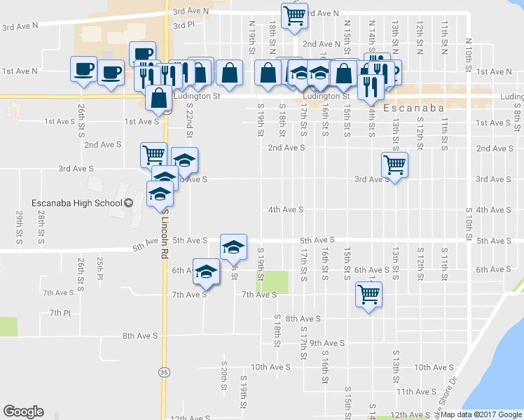 map of restaurants, bars, coffee shops, grocery stores, and more near 499 South 19th Street in Escanaba