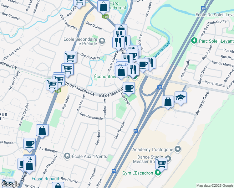 map of restaurants, bars, coffee shops, grocery stores, and more near 3064 Boulevard de Mascouche in Mascouche
