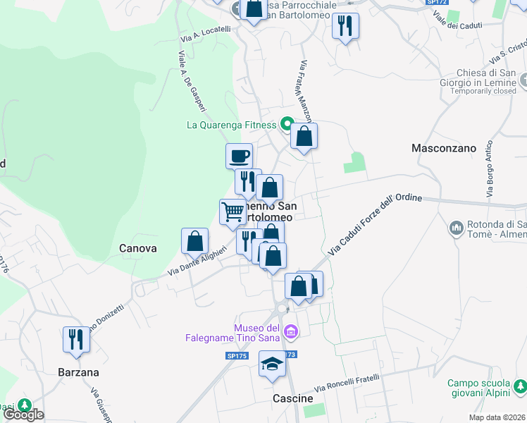 map of restaurants, bars, coffee shops, grocery stores, and more near 5 Via Dante Alighieri in Almenno San Bartolomeo