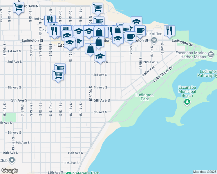 map of restaurants, bars, coffee shops, grocery stores, and more near 499 S 8th St in Escanaba
