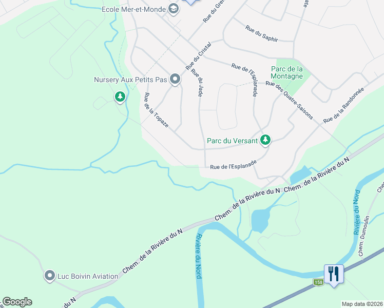 map of restaurants, bars, coffee shops, grocery stores, and more near 11320 Rue de la Topaze in Mirabel