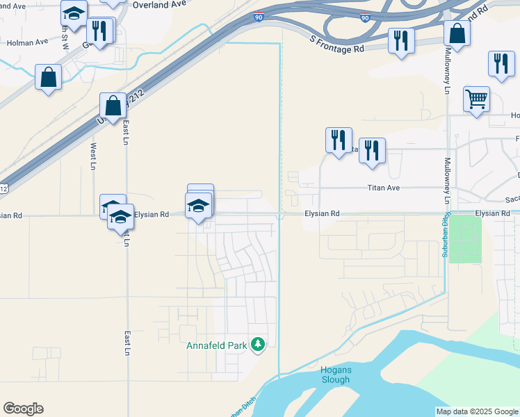 map of restaurants, bars, coffee shops, grocery stores, and more near 5855 Elysian Road in Billings
