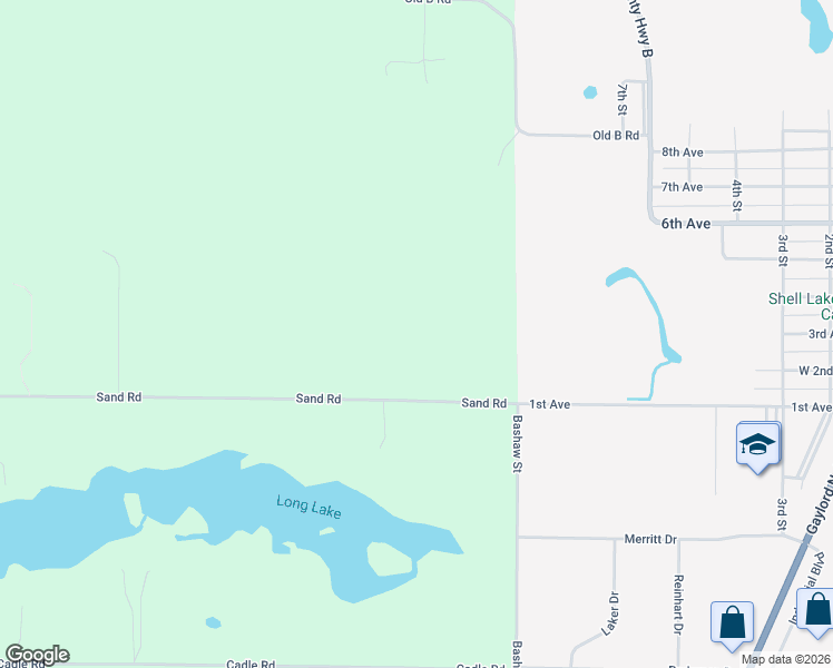 map of restaurants, bars, coffee shops, grocery stores, and more near 7962 Sand Road in Shell Lake