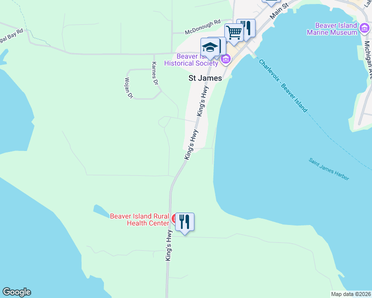 map of restaurants, bars, coffee shops, grocery stores, and more near 37615 King's Highway in Beaver Island