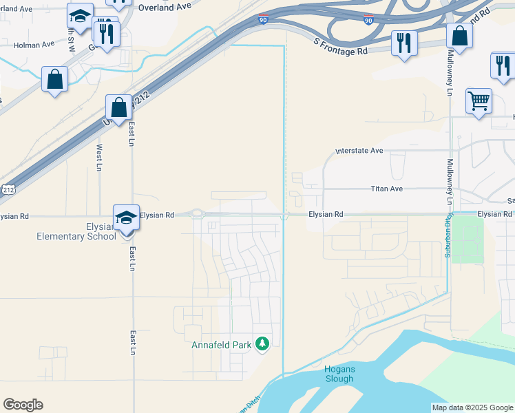 map of restaurants, bars, coffee shops, grocery stores, and more near 5855 Elysian Road in Billings