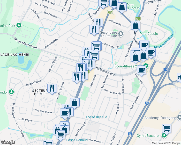 map of restaurants, bars, coffee shops, grocery stores, and more near 815 Montée Masson in Mascouche