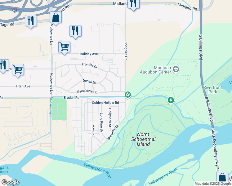 map of restaurants, bars, coffee shops, grocery stores, and more near 5222 Sacagawea Drive in Billings