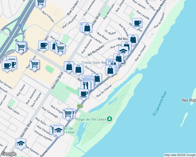 map of restaurants, bars, coffee shops, grocery stores, and more near 490 Rue Saint Yves in Repentigny