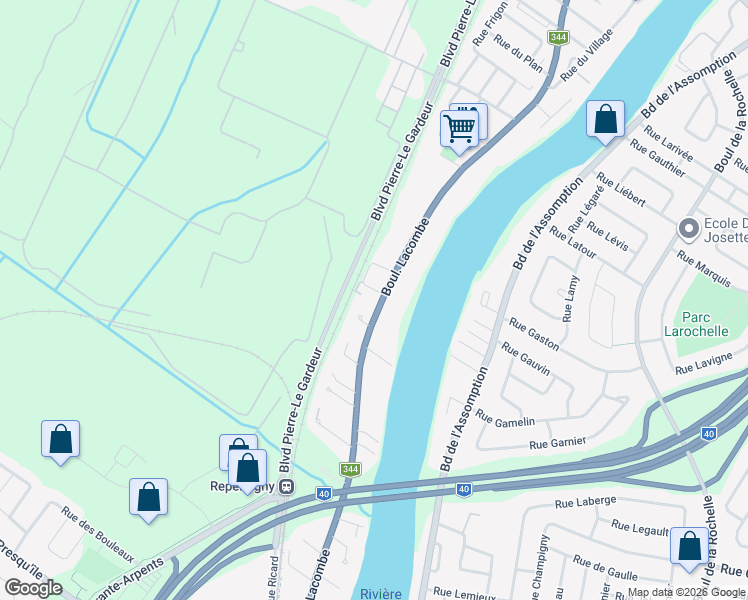 map of restaurants, bars, coffee shops, grocery stores, and more near 123 Boulevard Lacombe in Repentigny