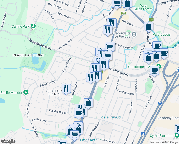 map of restaurants, bars, coffee shops, grocery stores, and more near 2903 Rue des Mésanges in Mascouche