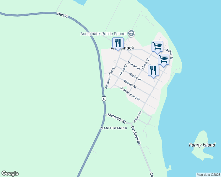 map of restaurants, bars, coffee shops, grocery stores, and more near 15589 Ontario 6 in Manitowaning