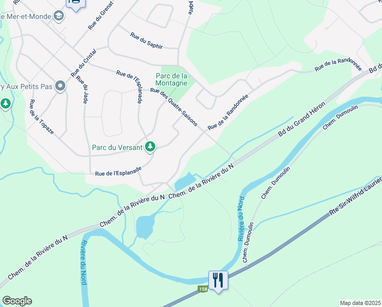 map of restaurants, bars, coffee shops, grocery stores, and more near 11680 Rue de la Randonnée in Mirabel