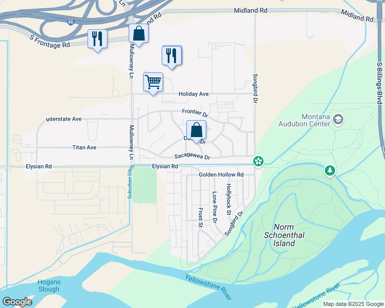 map of restaurants, bars, coffee shops, grocery stores, and more near 5366 Sacagawea Drive in Billings