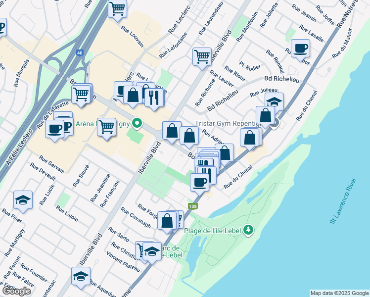 map of restaurants, bars, coffee shops, grocery stores, and more near 45 Boulevard Brien in Repentigny