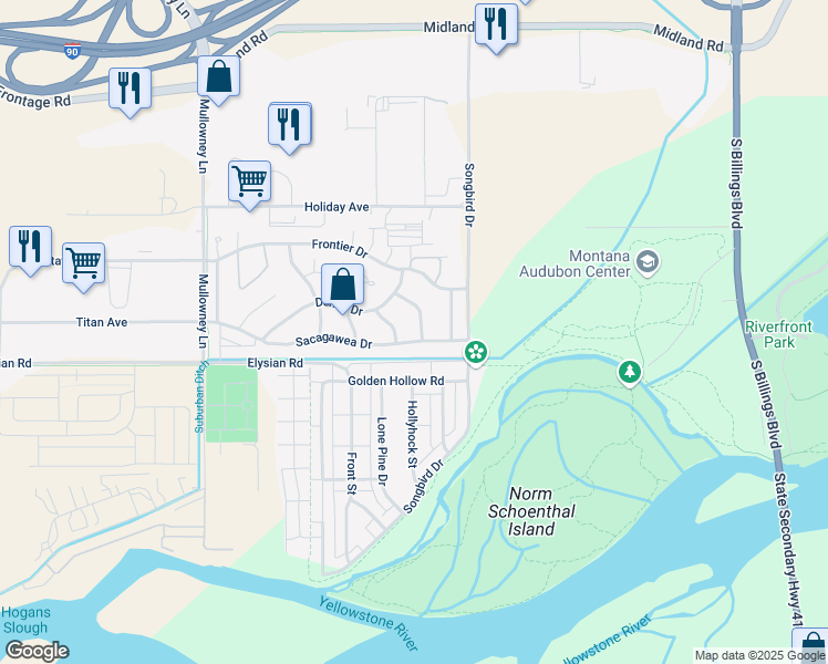 map of restaurants, bars, coffee shops, grocery stores, and more near 5222 Sacagawea Drive in Billings