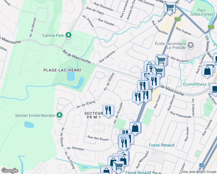 map of restaurants, bars, coffee shops, grocery stores, and more near 797 Avenue de l'Étang in Mascouche
