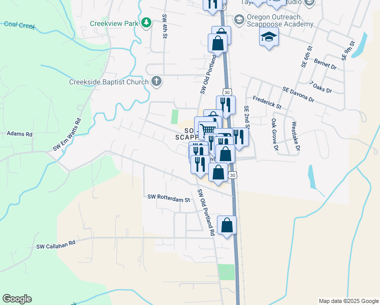 map of restaurants, bars, coffee shops, grocery stores, and more near 33410 Meadowbrook Drive in Scappoose
