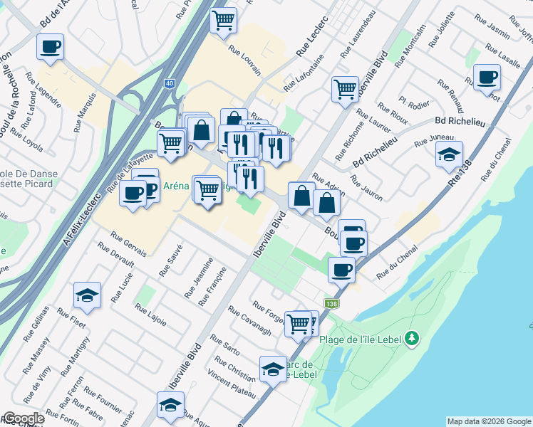 map of restaurants, bars, coffee shops, grocery stores, and more near 435 Boulevard Iberville in Repentigny