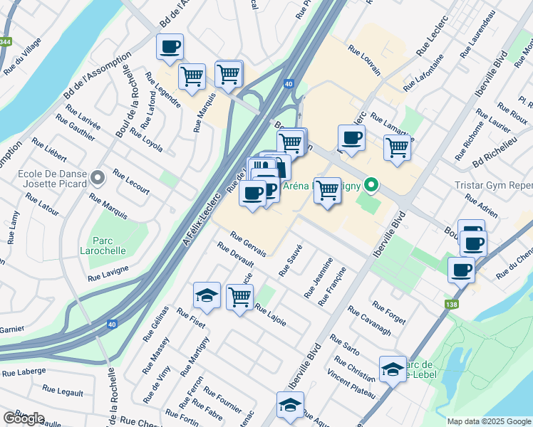 map of restaurants, bars, coffee shops, grocery stores, and more near 100 Boulevard Brien in Repentigny