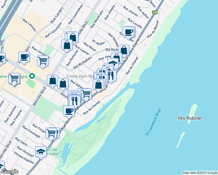 map of restaurants, bars, coffee shops, grocery stores, and more near 525 Route 138 in Repentigny