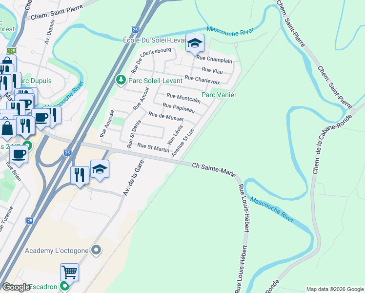 map of restaurants, bars, coffee shops, grocery stores, and more near 943 Avenue Saint Luc in Mascouche