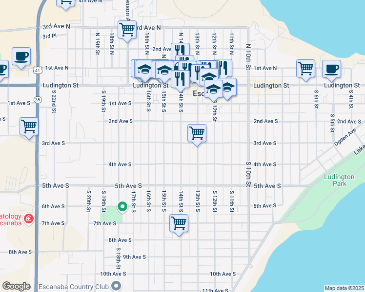 map of restaurants, bars, coffee shops, grocery stores, and more near 300-398 14th Street South in Escanaba