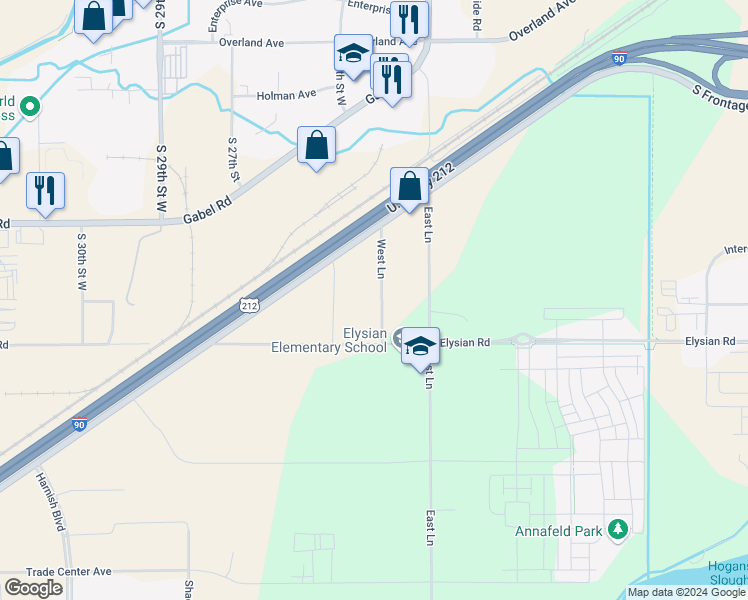 map of restaurants, bars, coffee shops, grocery stores, and more near 1514 West Lane in Billings