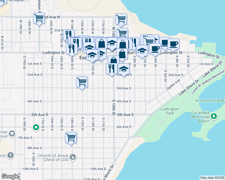 map of restaurants, bars, coffee shops, grocery stores, and more near 1010 3rd Avenue South in Escanaba