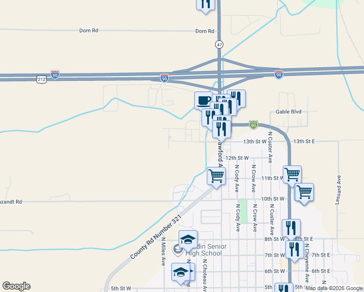 map of restaurants, bars, coffee shops, grocery stores, and more near 512 13th St W in Hardin