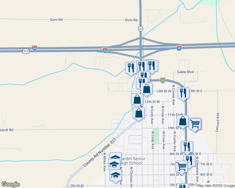 map of restaurants, bars, coffee shops, grocery stores, and more near 512 13th Street West in Hardin