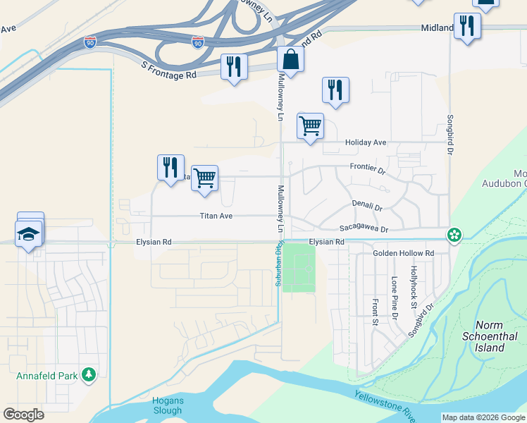 map of restaurants, bars, coffee shops, grocery stores, and more near 5665 Titan Avenue in Billings