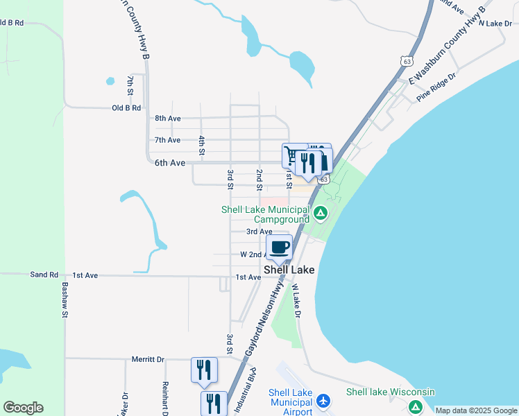 map of restaurants, bars, coffee shops, grocery stores, and more near 403 2nd Street in Shell Lake