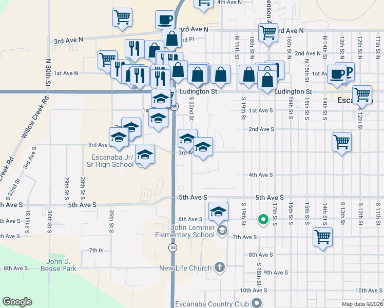 map of restaurants, bars, coffee shops, grocery stores, and more near 1901-2199 3rd Avenue South in Escanaba