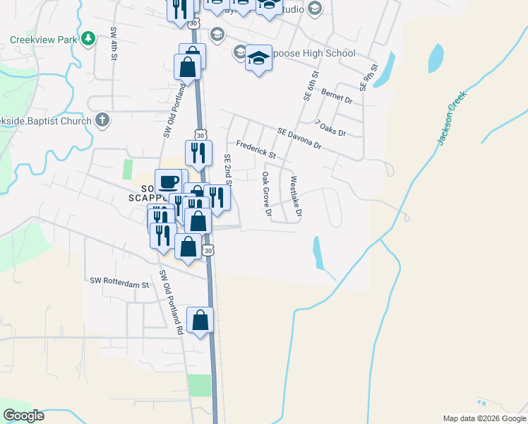 map of restaurants, bars, coffee shops, grocery stores, and more near 33720 Southeast Springlake Drive in Scappoose