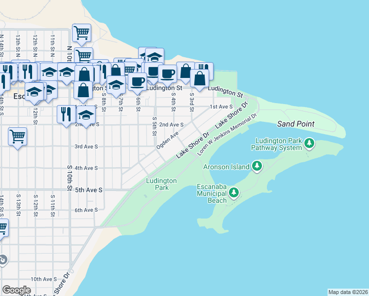 map of restaurants, bars, coffee shops, grocery stores, and more near 300-398 Lake Shore Drive in Escanaba