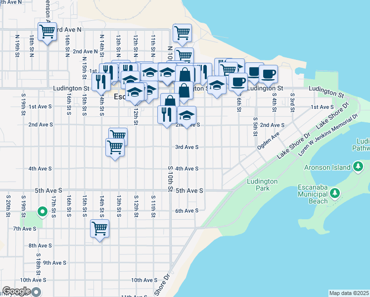 map of restaurants, bars, coffee shops, grocery stores, and more near 910 3rd Avenue South in Escanaba