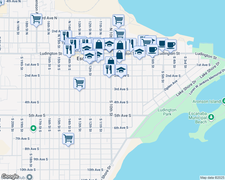 map of restaurants, bars, coffee shops, grocery stores, and more near 1010 3rd Avenue South in Escanaba