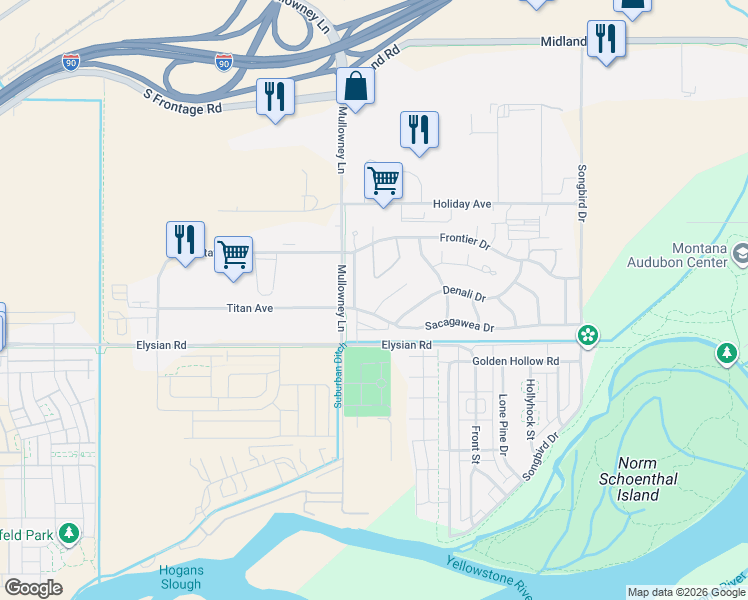 map of restaurants, bars, coffee shops, grocery stores, and more near 1447 Chanel Loop in Billings