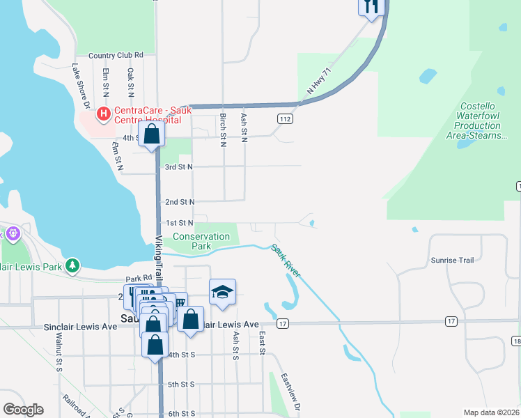 map of restaurants, bars, coffee shops, grocery stores, and more near 200-204 Ash Street North in Sauk Centre